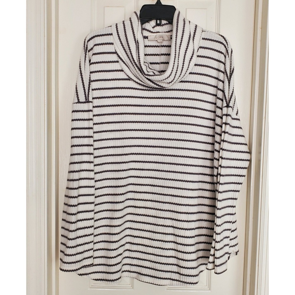 Loft XXL Womens Striped Cowl‎ Neck Waffle Knit Sweater White Grey Drop Shoulder